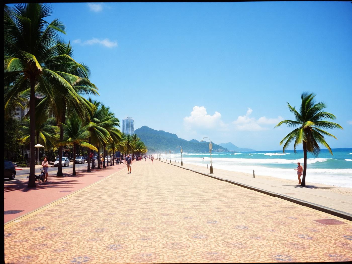 Paseo costero de Copacabana con palmeras y el oleaje del Atlántico