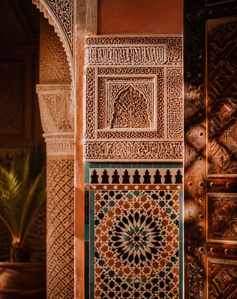 Detalles arquitectónicos de un antiguo riad marroquí con tonos terracota